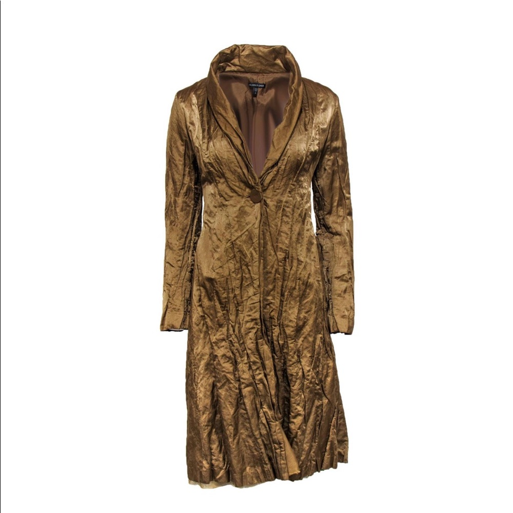 Eileen Fisher - Gold Crinkle Cotton Blend Duster Jacket L